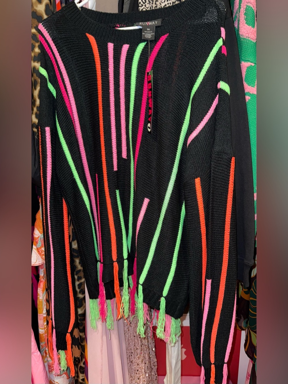 Black Knit Fringe Cardigan with Neon Stripes